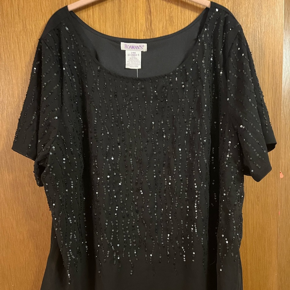 NWT Roaman's 24W Elegant Black Sequined & Beaded Short Sleeve Blouse, Lined